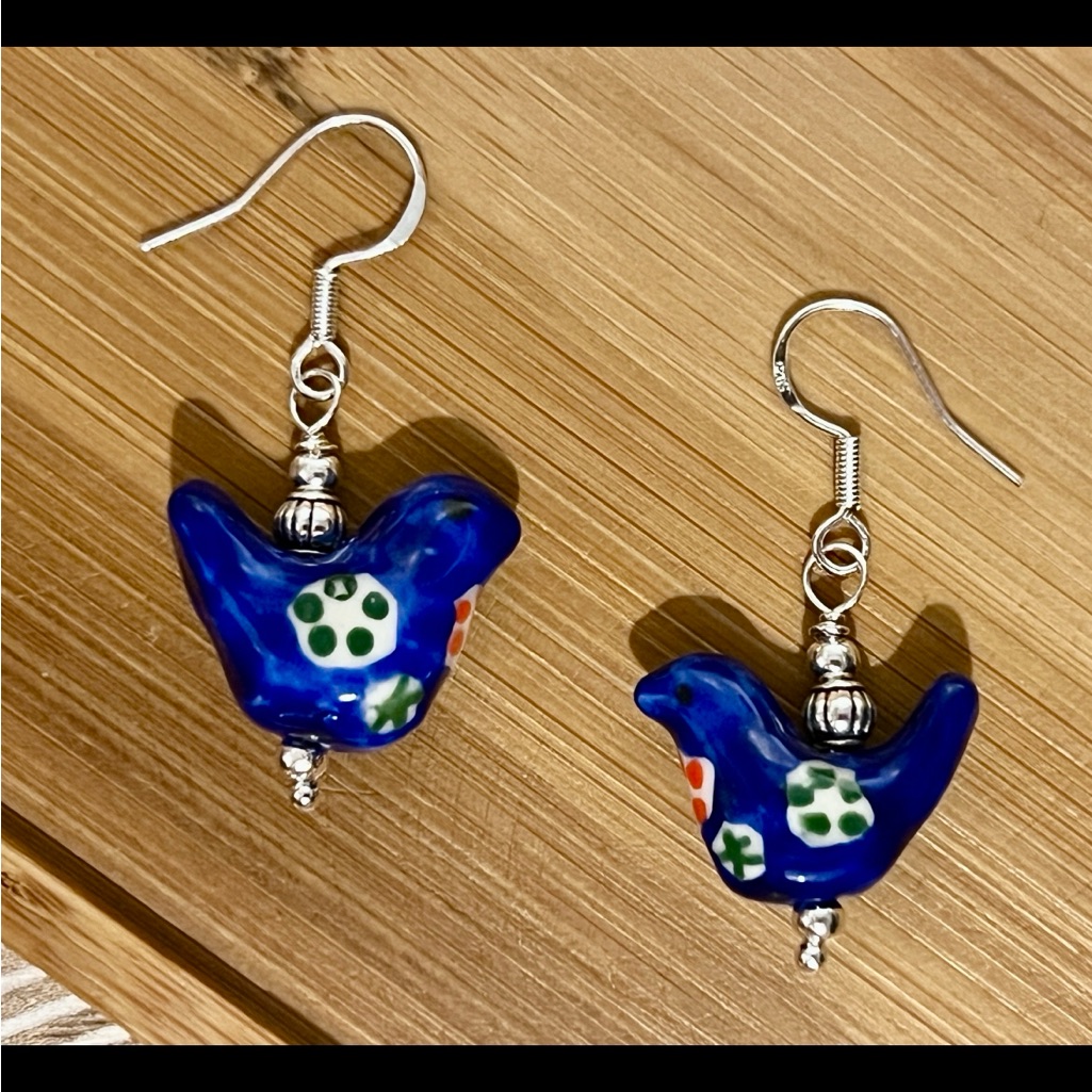 New Cute Blue Ceramic Chicken Earrings With 925 Silver French Wire Hooks